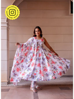 POMCHA - Kapaas Red Lilly White Sleeveless Anarkali Kurta with Pant and Dupatta (Set of 3)