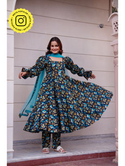 POMCHA - Kapaas Navy Printed Puff Sleeve Anarkali Kurta with Pant and Dupatta (Set of 3)