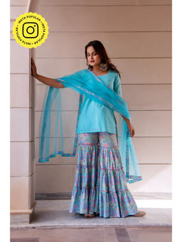 POMCHA - Kapaas Pastel Blue Kurti with Sharara and Dupatta (Set of 3)
