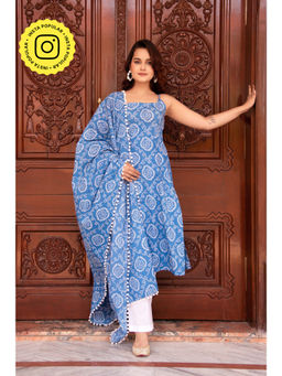 POMCHA - Kapaas Blue Bandhej Sleeveless Kurta with Pant and Dupatta (Set of 3)