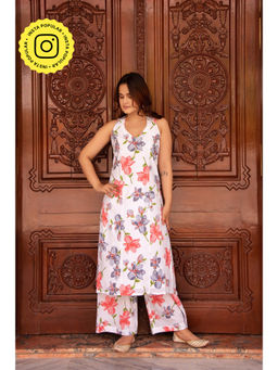 POMCHA - Kapaas Red Lilly White Sleeveless Kurta with Palazzo (Set of 2)