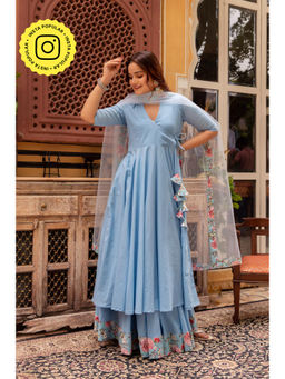 POMCHA - Gaurangi Powder Blue Cotton Lehenga with Angrakha Kurta and Dupatta (Set of 3)
