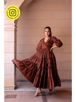 POMCHA - Brown Kapaas Phool Ruffle Maxi Dress