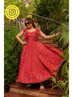 POMCHA - Red Gaurangi Inaya Cotton Floral Dress