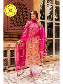 POMCHA - Gaurangi Peach Pink Cotton Print Kurta with Pant and Dupatta (Set of 3)