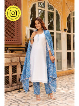 POMCHA - Gaurangi White Cotton Bandhej Kurta with Pant and Dupatta (Set of 3)