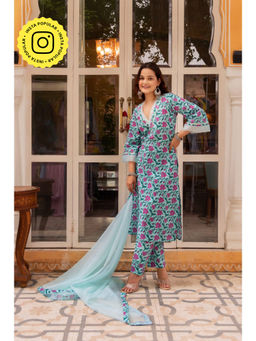 POMCHA - Gaurangi Aasmani Blue Cotton Kurta with Pant and Dupatta (Set of 3)