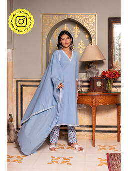 POMCHA - Gaurangi Powder Blue Pant Cotton Anarkali Kurta with Pant and Dupatta (Set of 3)