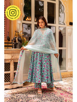 POMCHA - Gaurangi Blue Pink Cotton Printed Anarkali Kurta with Pant and Dupatta (Set of 3)