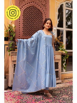 POMCHA - Gaurangi Powder Blue Gota Cotton Anarkali Kurta with Pant and Dupatta (Set of 3)