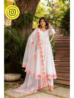 POMCHA - Gaurangi Orange Embroidery Cotton White Anarkali Kurta with Pant and Dupatta (Set of 3)