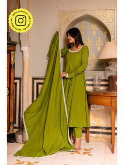 POMCHA - Gaurangi Green Embroidery Cotton Anarkali Kurta with Pant and Dupatta (Set of 3)