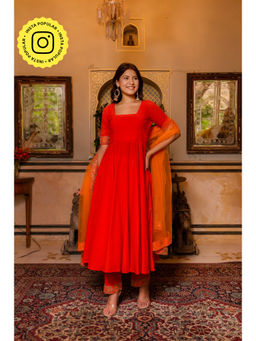 POMCHA - Gaurangi Red Gotta Embroidery Cotton Anarkali Kurta with Pant and Dupatta (Set of 3)
