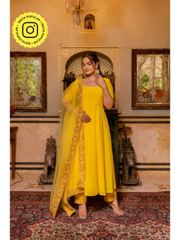 POMCHA - Gaurangi Yellow Gota Embroidery Cotton Anarkali Kurta with Pant and Dupatta (Set of 3)