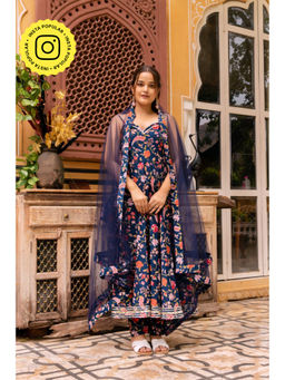 POMCHA - Gaurangi Prisha Navy Blue Painted Cotton Anarkali Kurta with Pant and Dupatta (Set of 3)