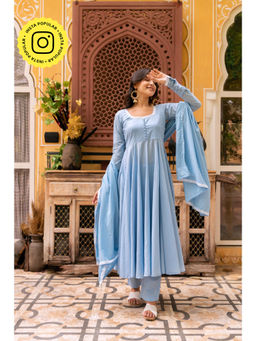 POMCHA - Gaurangi Aasma Blue Embroidery Cotton Anarkali Kurta with Pant and Dupatta (Set of 3)