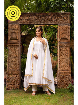 POMCHA - Gaurangi Mahira White Cotton Anarkali Kurta with Pant and Dupatta (Set of 3)