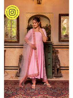 POMCHA - Gaurangi Pink Gota Embroidery Cotton Anarkali Kurta with Pant and Dupatta (Set of 3)