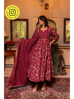 POMCHA - Gaurangi Maroon Hand Block Print Cotton Anarkali Kurta with Pant and Dupatta (Set of 3)