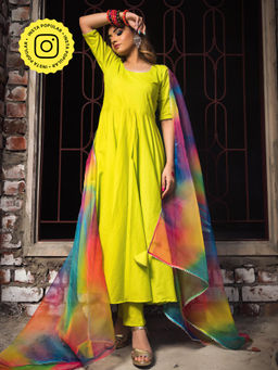 POMCHA - Gulaal Green Pure Cotton Anarkali (Set of 3)