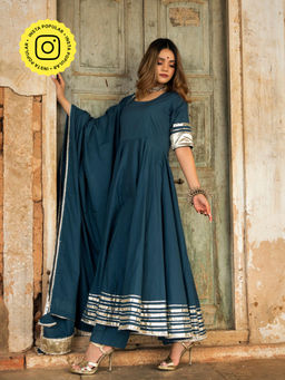 POMCHA - Berry Spray Cotton Blue Anarkali (Set of 3)