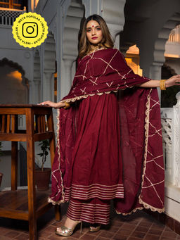 POMCHA - Gotta Jaal Maroon Cotton Anarkali (Set of 3)