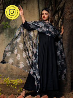 POMCHA - Tea Leaf Black Rayon Anarkali (Set of 3)
