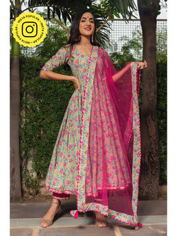POMCHA - Jaipuri Hand Block Cotton Anarkali (Set of 3)