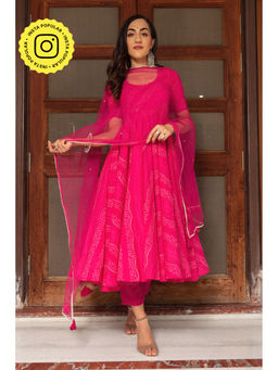 POMCHA - Bhandhej Pink Cotton Anarkali (Set of 3)