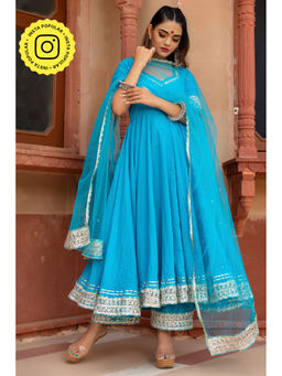 POMCHA - Kalamkari Blue Pure Cotton Anarkali (Set of 3)