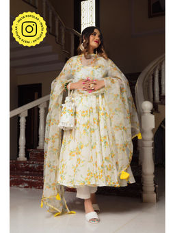 POMCHA - Yellow Phool Organza Anarkali (Set of 3)