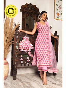 POMCHA - Gulbahar Pink Hand Block Suit (Set of 3)