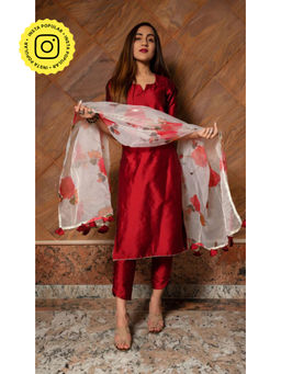 POMCHA - Maroon Phool Taffeta Suit (Set of 3)