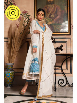POMCHA - White Mogra Pure Cotton Angarkha Kurta with Pant & Dupatta (Set of 3)