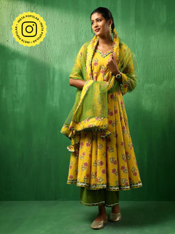 POMCHA - Adaa Yellow Cotton Anarkali Kurta with Palazzo and Dupatta (Set of 3)