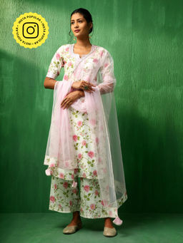 POMCHA - Adaa White Pink Rose Cotton Kurta with Palazzo and Dupatta (Set of 3)
