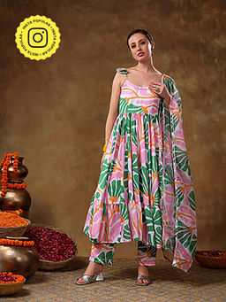 POMCHA - Multicolour Meraki Floral Print Anarkali with Pant and Dupatta (Set of 3)