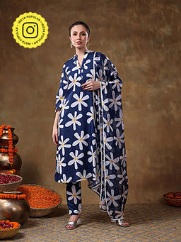 POMCHA - Meraki Flower Blue Muslin Kurta with Pant and Dupatta (Set of 3)