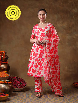 POMCHA - Meraki Orange Floral Print Muslin Kurta with Pant and Dupatta (Set of 3)