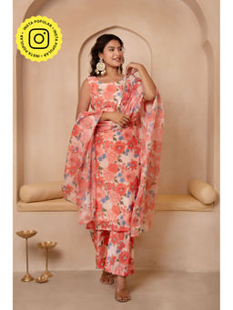 POMCHA - Dhoop Chaav Peach Floral Muslin Kurta with Pant and Dupatta (Set of 3)
