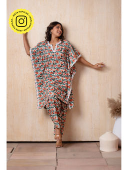 POMCHA - Dhoop Chaav Orange Phool Cotton Kaftan with Pant (Set of 2)
