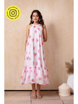 POMCHA - White Dhoop Chaav Laila Pink Rose Halter Neck Organza Midi Dress