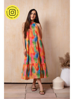 POMCHA - Dhoop Chaav Laila Orange Print Halter Neck Georgette Midi Dress