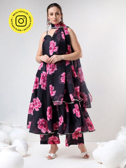 POMCHA - Sadabhar Black Carnation Organza Anarkali Kurta with Palazzo and Dupatta (Set of 3)