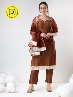 POMCHA - Sadabhar Brown Cotton Silk Kurta with Pant and Dupatta (Set of 3)