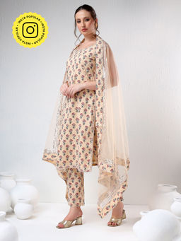 POMCHA - Sadabhar Sand Color Cotton Beige Kurta with Pant and Dupatta (Set of 3)