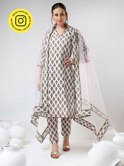 POMCHA - Sadabhar White Booti Cotton Kurta with Pant and Dupatta (Set of 3)