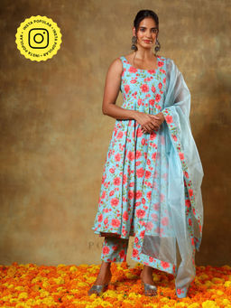 POMCHA - Guzarish Blue Floral Anarkali Kurta with Pant and Dupatta (Set of 3)
