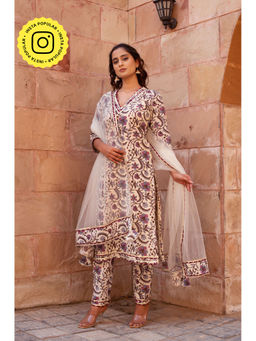 POMCHA - Chhipa Bazar Purple Cream Garden Rose Kurta with Pant and Dupatta (Set of 3)