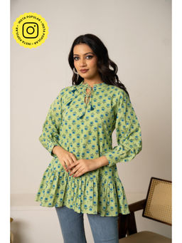 POMCHA - Sukoon Green Boho Floral Tie-Front Cotton Hand Block Tunic
